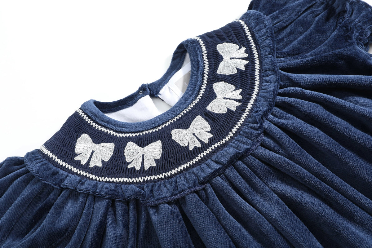 Blue Velvet Silver Bows Christmas Smocked Ruffle Bishop Dress