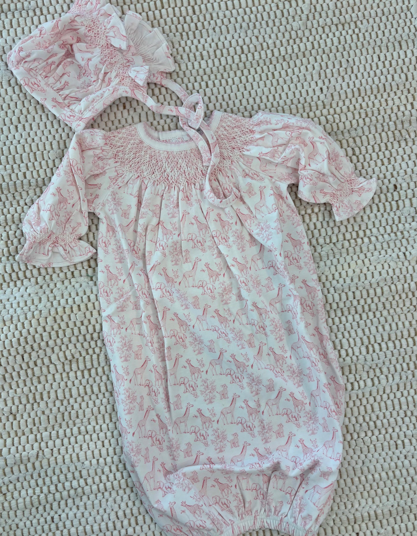 Baby Loren Pink Safari Smocked Bonnet