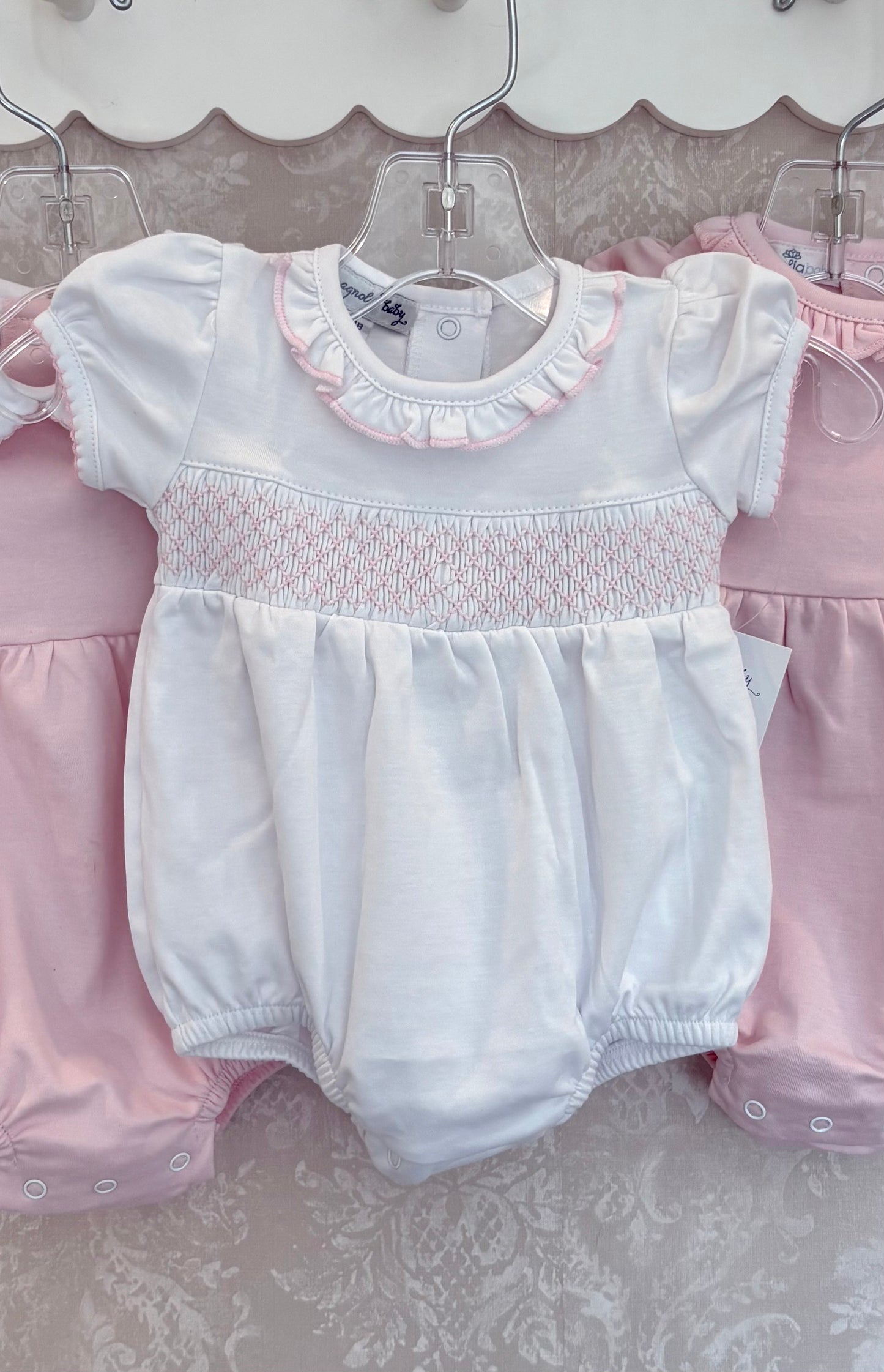 White Pima Bubble with Pink Smocking