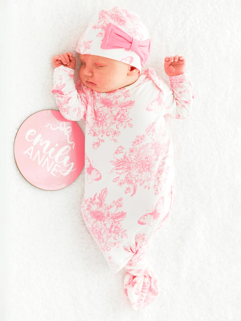 Butterfly Toile Newborn Gown and Hat Set