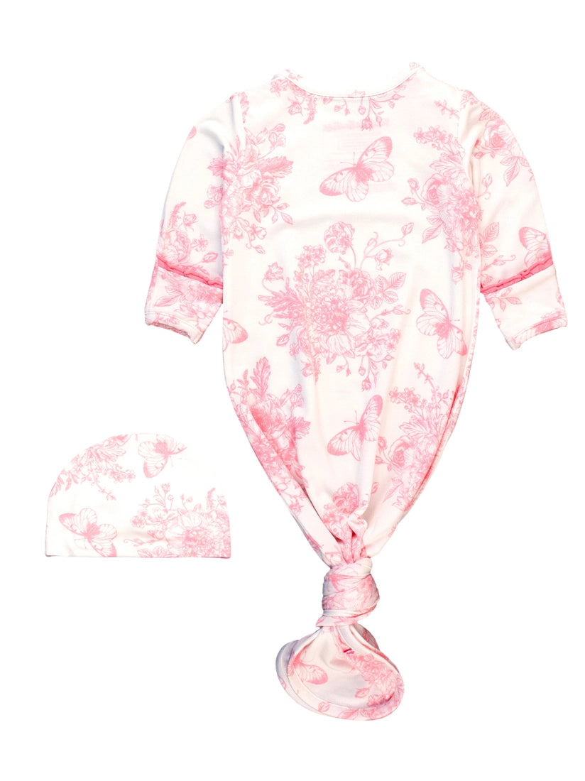 Butterfly Toile Newborn Gown and Hat Set