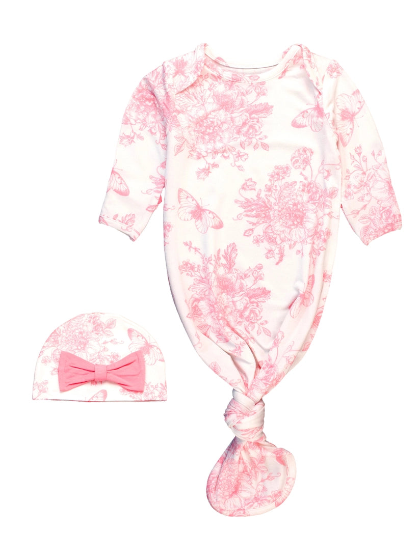 Butterfly Toile Newborn Gown and Hat Set