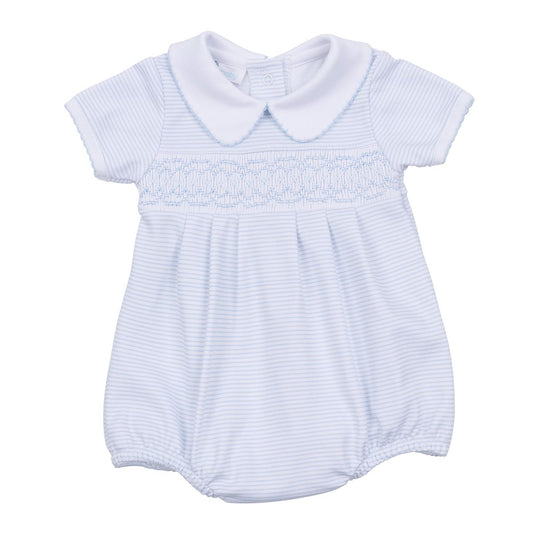 Light Blue Mini Stripes Smocked Collared Pima Bubble