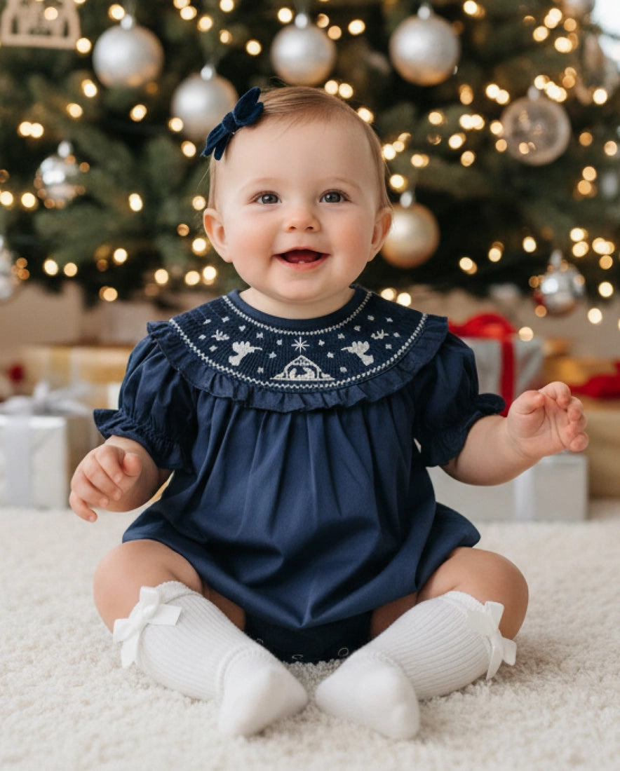 Blue Nativity Christmas Smocked Bubble