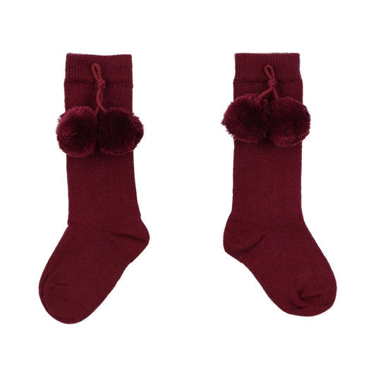 Pom Pom Knee High Sock in Bordeaux