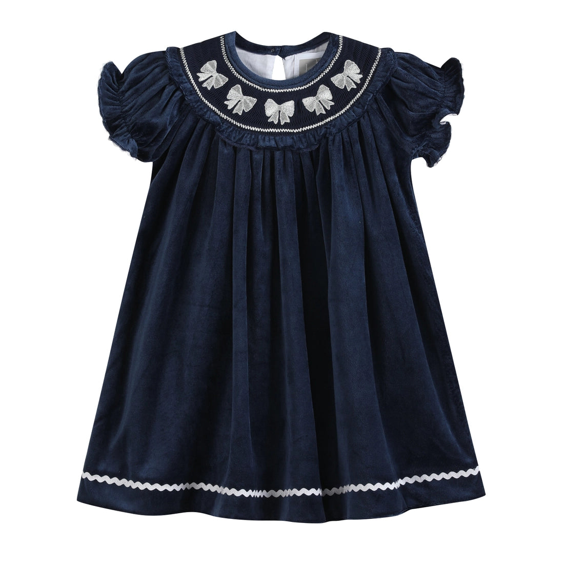Blue Velvet Silver Bows Christmas Smocked Ruffle Bishop Dress