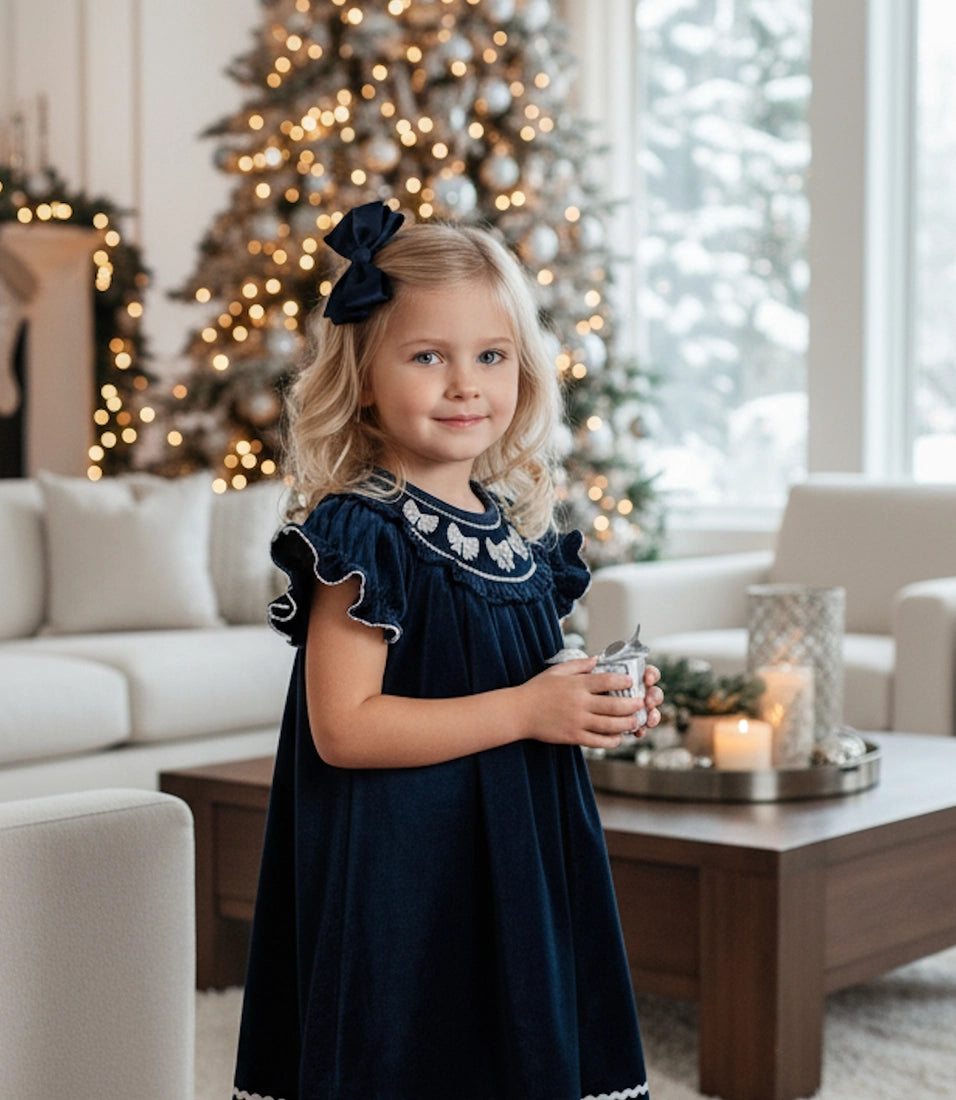 Blue Velvet Silver Bows Christmas Smocked Ruffle Bishop Dress