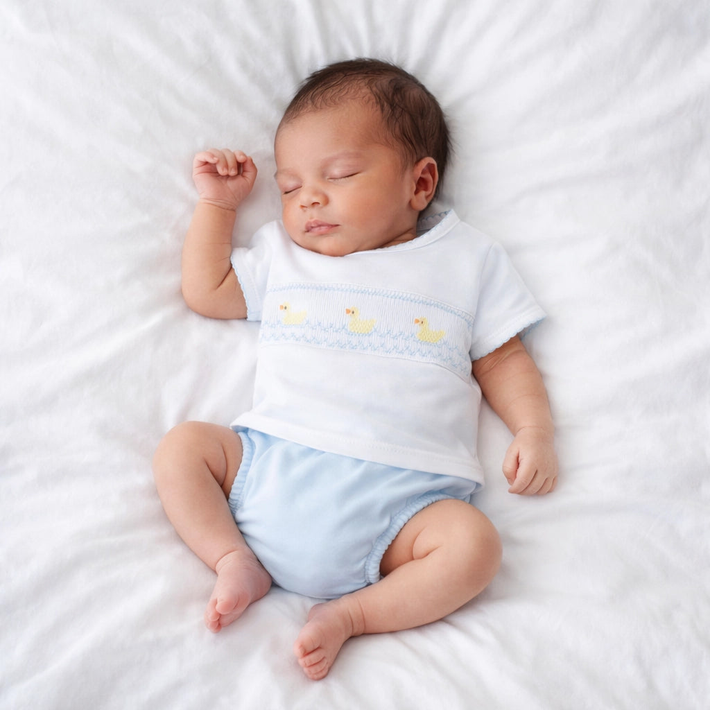 Little Duckling Classic Smocked Blue Diaper Set