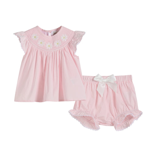 Light Pink Daisy Smocked Top and Bloomer Set