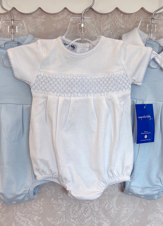 Essentials Solid Smocked Bubble - White Blue