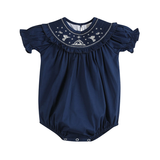 Blue Nativity Christmas Smocked Bubble